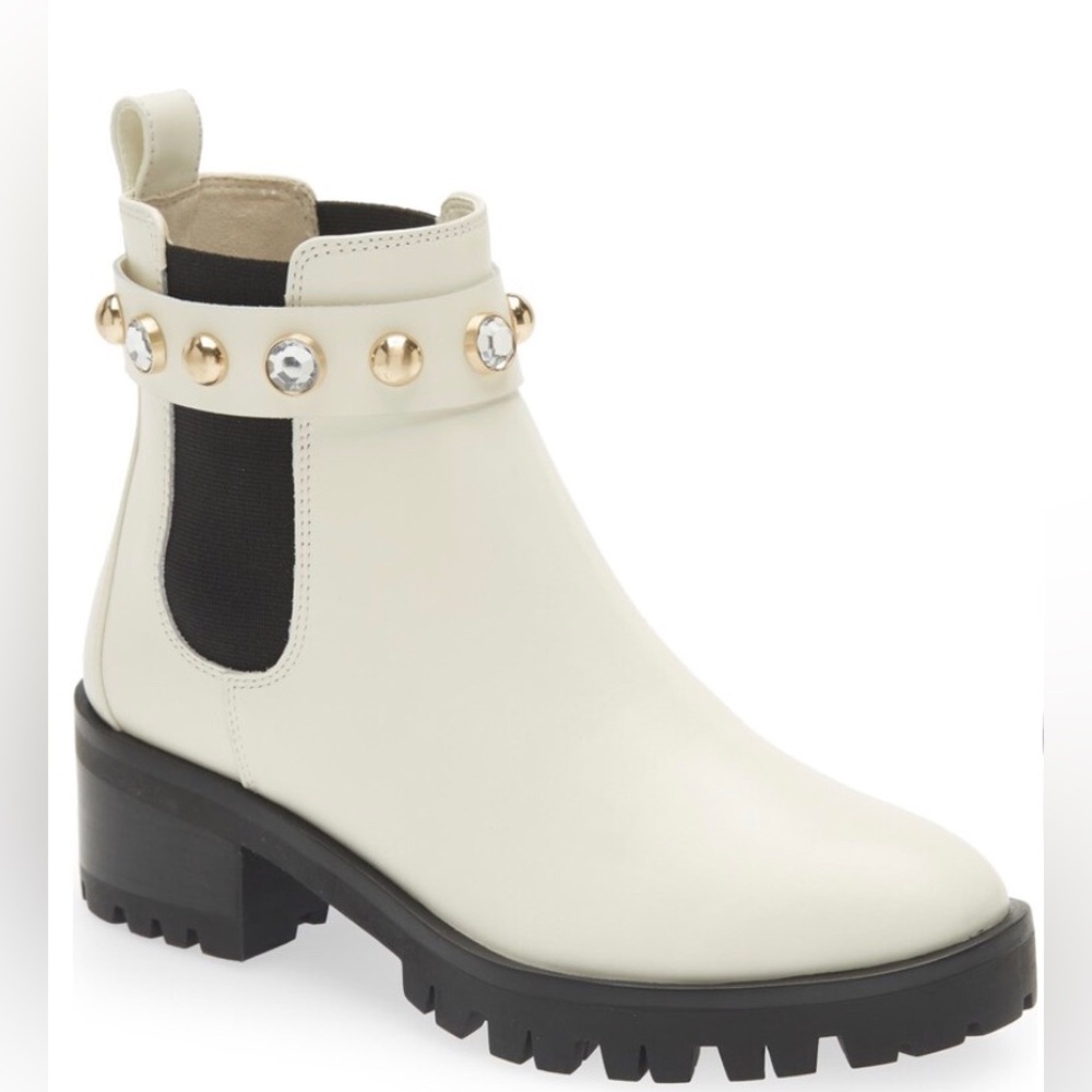 Karl Lagerfeld white Chelsea boot w/crystal & stud strap-“Porshay”-NWOB